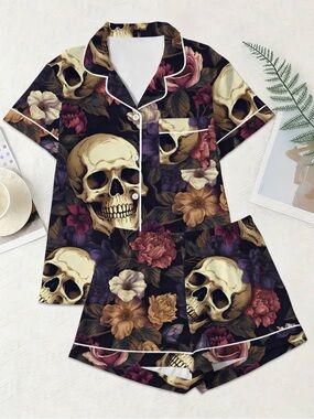 Floral Skull Short Pajama Set - Black & Cream